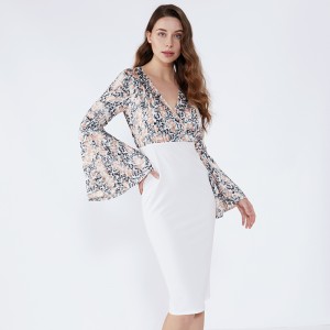 Бяла флорална обвивка с флуиран ръкав официална рокля Bodycon 2019 дамско облекло
